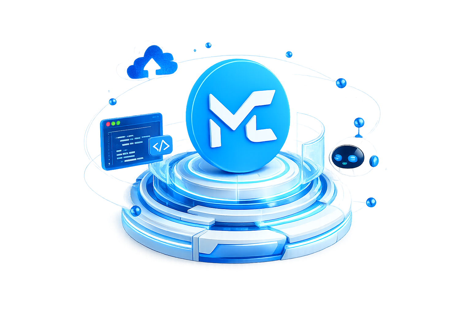 MakeClouds MC logo displayed on a futuristic technology platform